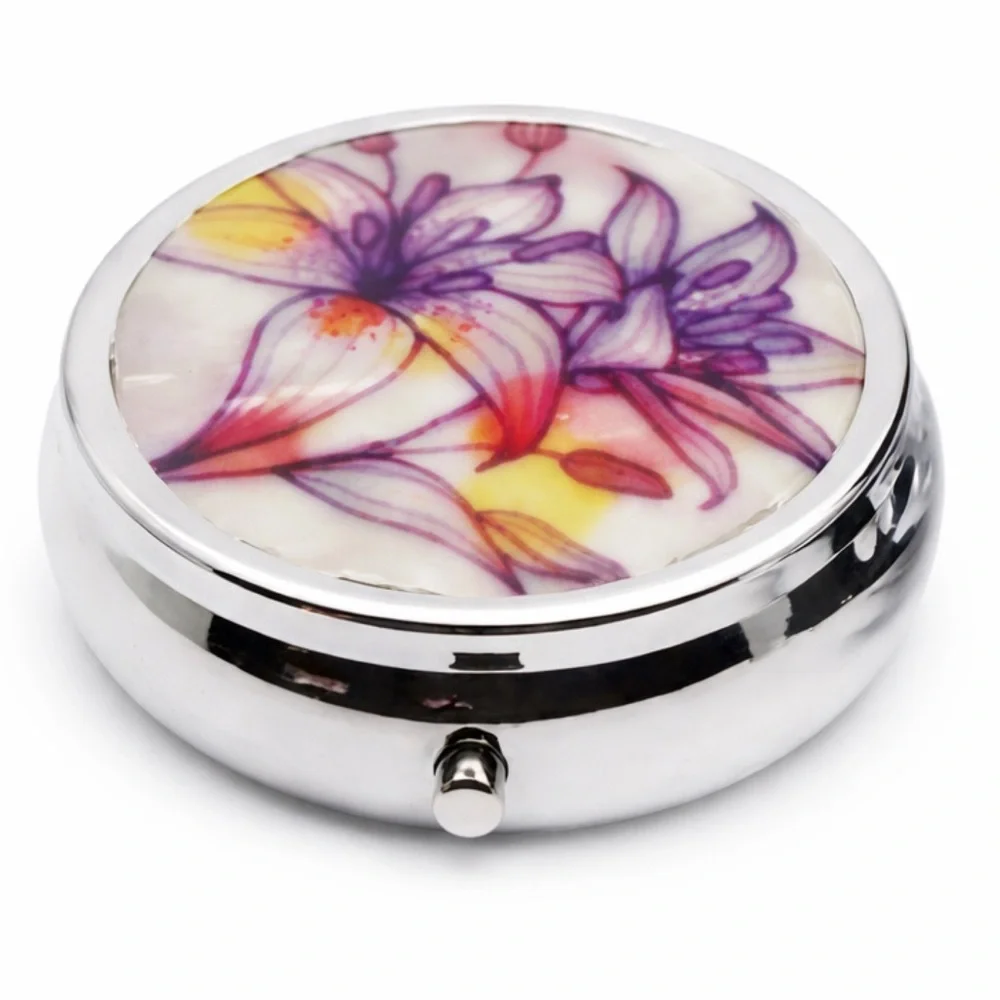 Purple Pink Lily Floral Pill Box 3 Compartment Travel Organizer